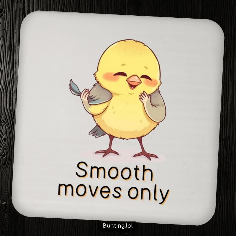 Funny bunting drink coasters, depicting a bird comically preening its smallest feather, perfect for tables and detailed humor.