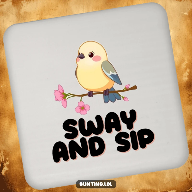 Funny Coaster: Bunting bird perching on a delicate flower stem, swaying gently, a humorous and elegant table accessory.