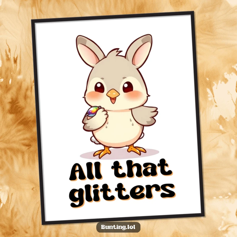 Funny Bunting Poster showcasing a bird playfully pecking at a shiny object, highlighting its curious and humorous nature.