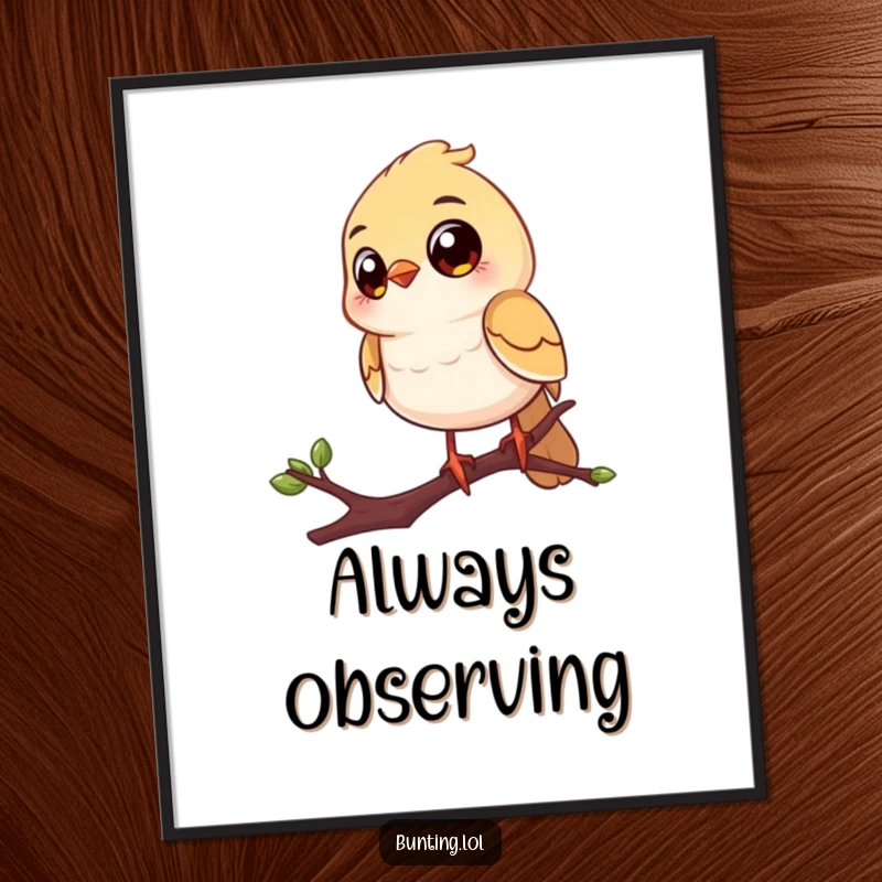 Funny poster of a cheerful bird with enormous eyes, perched on a twig, gazing with humorous curiosity, perfect wall art.
