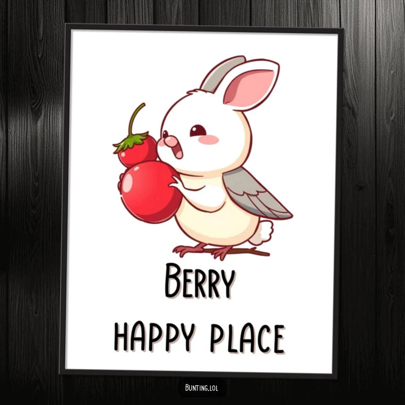 Funny bunting bird character eagerly reaching for a tempting berry, presented as wall art, evoking a sense of delightful craving.