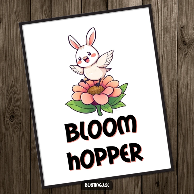 Funny Poster of a cute bunting character hopping with great energy on a colorful flower, celebrating life and motion.