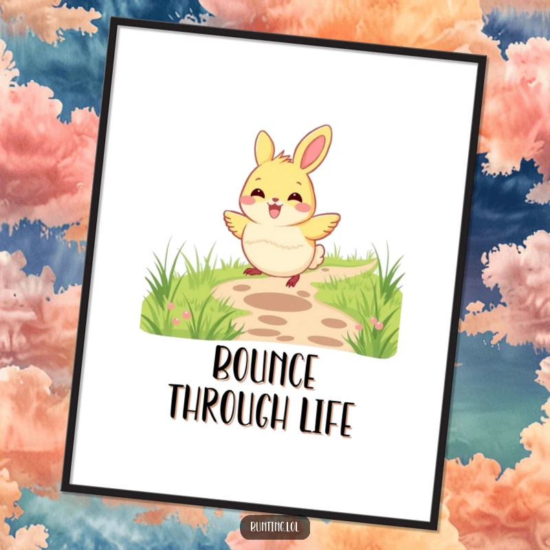 Funny bunting bird poster featuring a bunting joyfully hopping along a grassy path, ideal for adding cheerful decor.