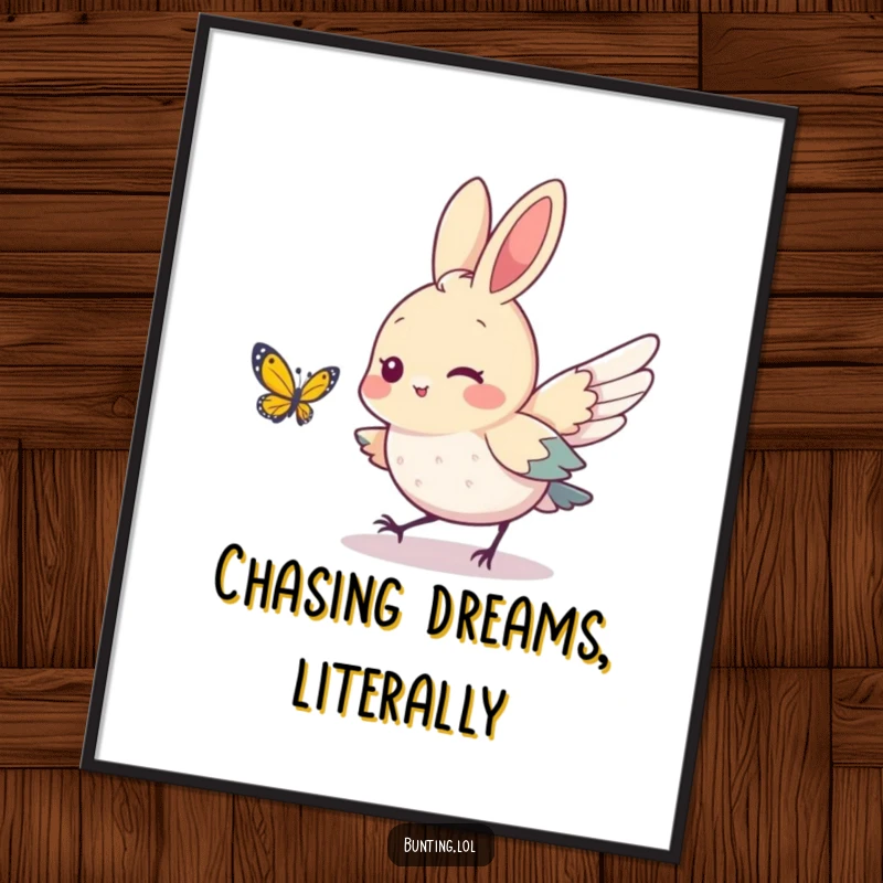 Funny bunting bird character playfully chasing a small butterfly, displayed as charming wall art, radiating happiness and nature's beauty.