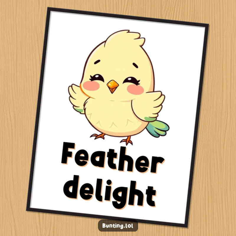Funny Poster of a cute bunting character fluffing its feathers with delight, creating a cozy and joyful atmosphere.