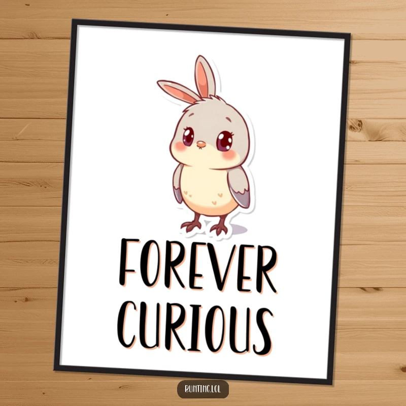 Funny Poster art of a cute bunting bird looking curious with its head cocked to the side, radiating thoughtful interest.