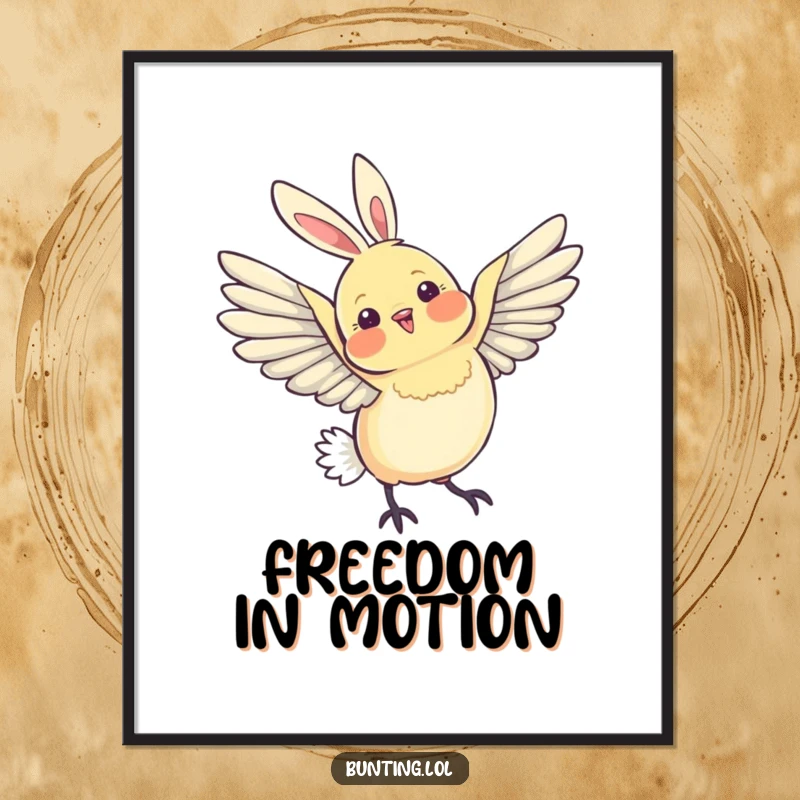 Funny Poster of a bunting bird stretching its wings gracefully in an arc, a humorous yet elegant piece of art.