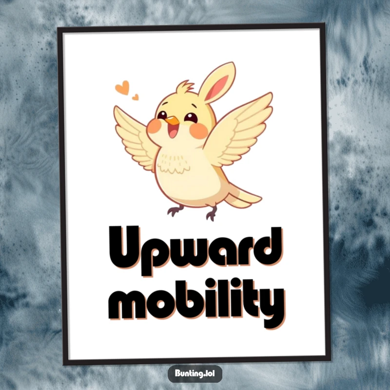 Funny bunting bird poster featuring an excited bunting character joyfully fluttering its wings, bringing a sense of dynamic humor and cheerful energy to any room.