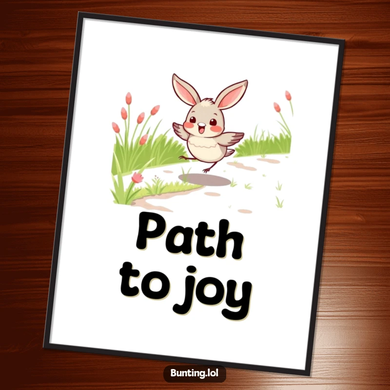 Funny bunting bird poster showing a bird joyfully hopping on a grassy path, lively wall decor adding fun and charm, excellent funny gift.