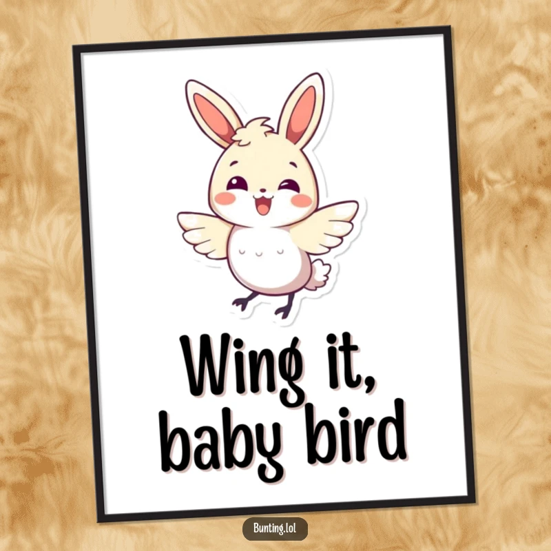 Funny bunting bird poster illustrating a character performing a happy, energetic wing flutter, conveying pure excitement.