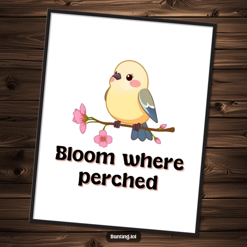 Funny Poster: Bunting bird perching on a delicate flower stem, swaying gently, an artistic and humorous wall display.