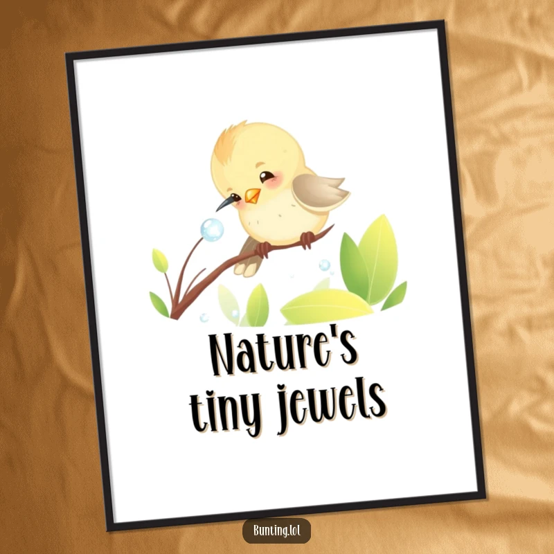 Funny Poster of a cute bunting bird playfully pecking at a sparkling dewdrop, a humorous depiction of avian curiosity and joy.