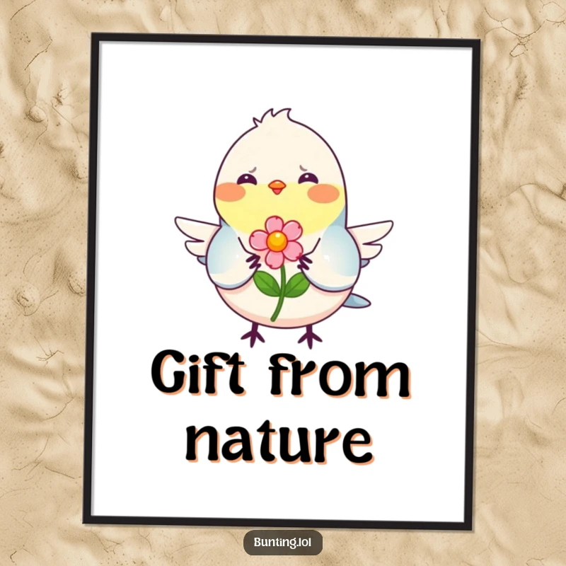 Funny Poster of a smiling bunting bird offering a colorful flower, a humorous and heartwarming piece of art.
