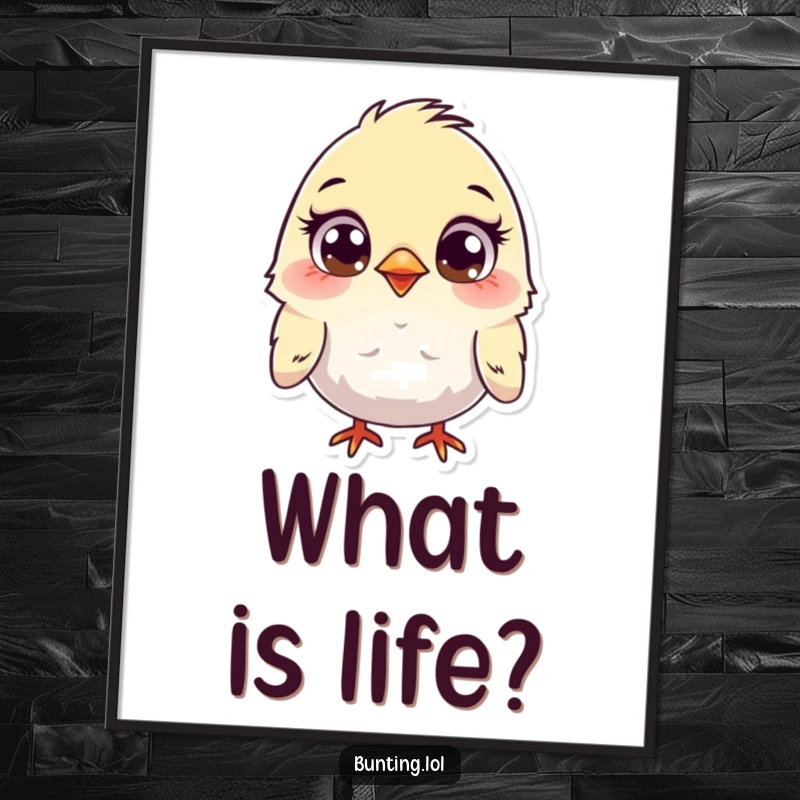 Funny Bunting Poster showcasing a cute bird with large, curious eyes, looking inquisitively, a charming piece of funny wall art and gift.