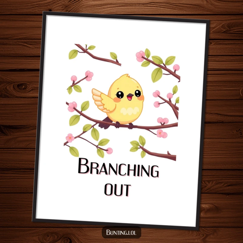 Funny Poster art of a cute bunting bird fluttering cheerfully between tree branches, bringing a lively and joyful atmosphere.