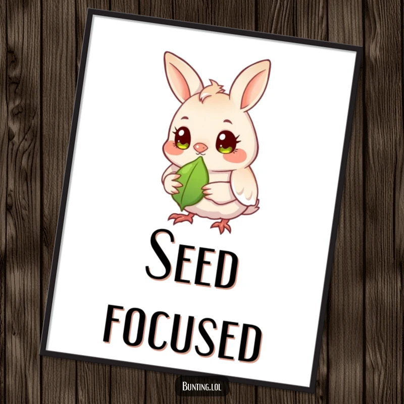 Funny bunting bird poster featuring a bunting with bright eyes intensely observing a seed, symbolizing focus and anticipation.