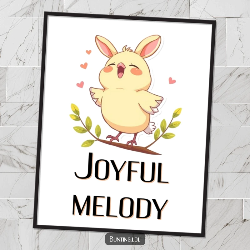 Funny bunting bird poster, joyfully singing with its beak wide open, a vibrant and humorous piece of wall art.