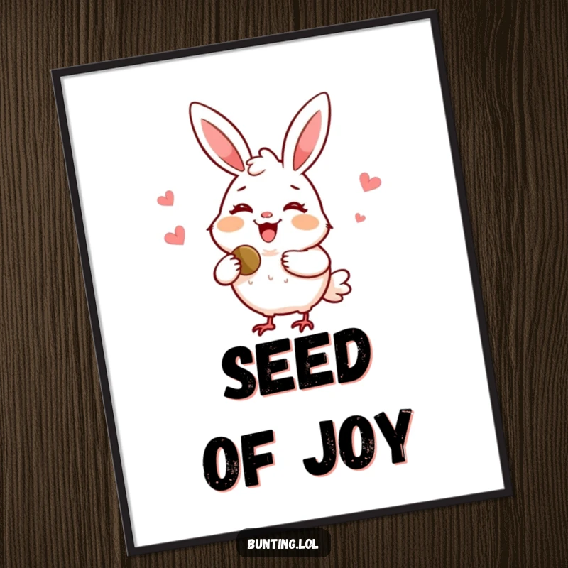 Funny bunting poster depicting a delighted bird with a friendly smile sharing a seed, bringing cheerful energy to any room.