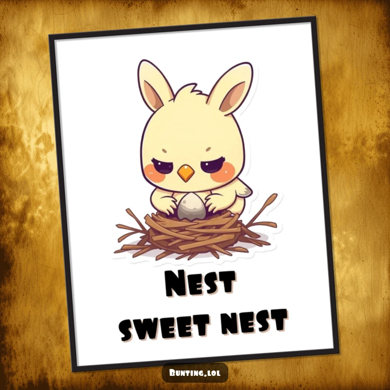 Funny bunting poster depicting a determined bird intently focused on building a small, cozy nest, celebrating dedication.