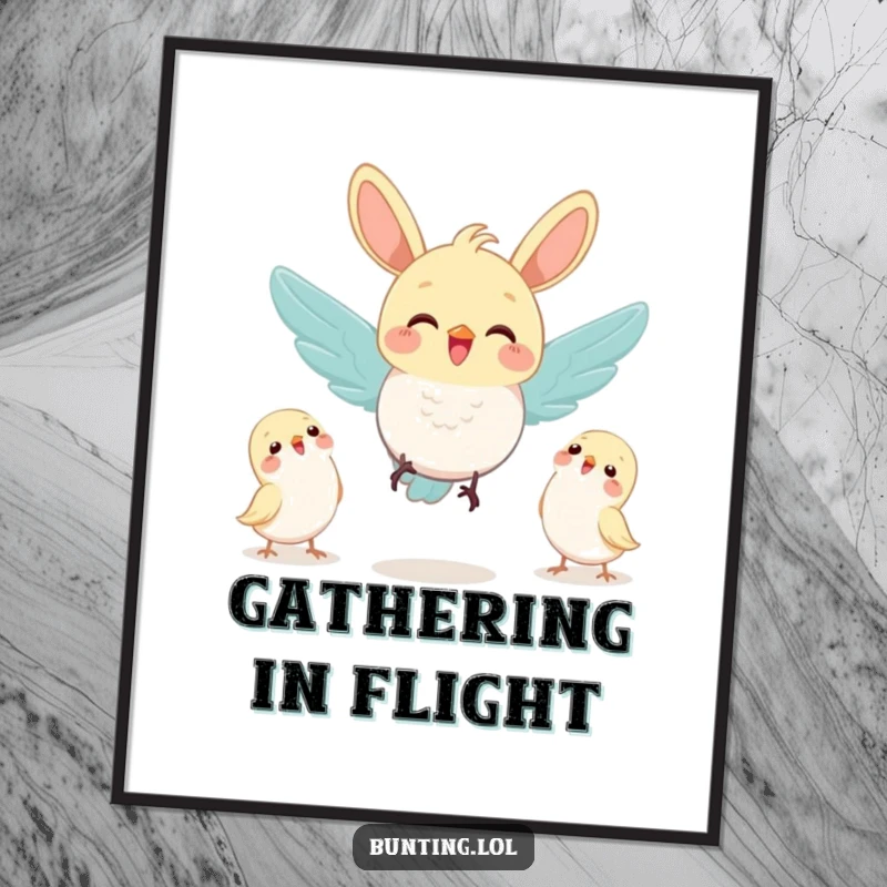 Funny bunting bird joyfully flying towards a gathering of friends, rendered as heartwarming wall art.