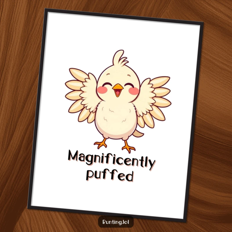 Funny poster of a delighted bird puffing its feathers with undeniable pride, adding a humorous and empowering touch to decor.
