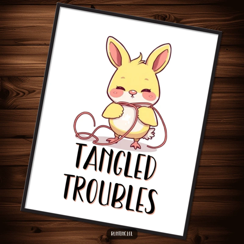 Funny bunting bird comically tangled in a piece of yarn, presented as humorous and engaging wall art.