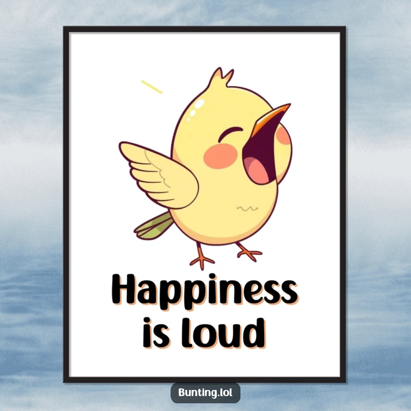Funny bunting poster, depicting a happy bird singing joyfully with its beak wide open, a cheerful wall decoration.
