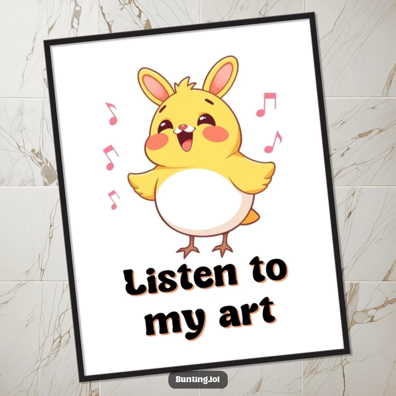Funny bunting bird poster featuring a delightful bunting character joyfully singing, its musical expression bringing a humorous and artistic flair to any room.
