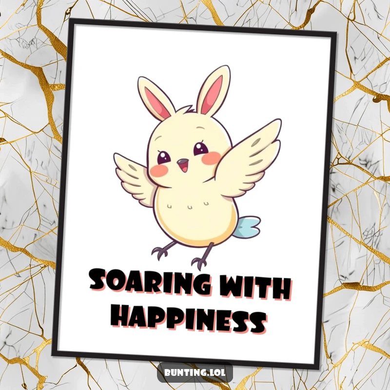 Funny Bunting Poster featuring a cute bird doing a joyful wing flutter, a charming piece of funny wall art and gift.