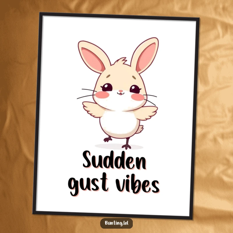 Funny bunting bird poster, comically surprised by a strong gust of wind, creating a whimsical and humorous piece of wall art.