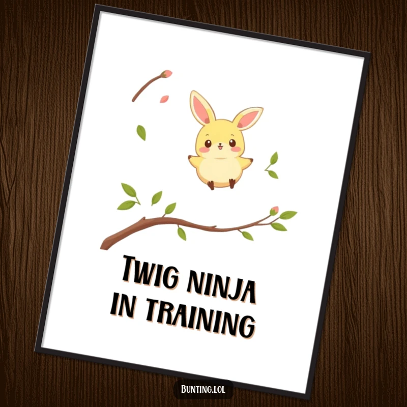 Funny bunting bird poster illustrating a character mid-hop between twigs, a humorous and dynamic piece of art.