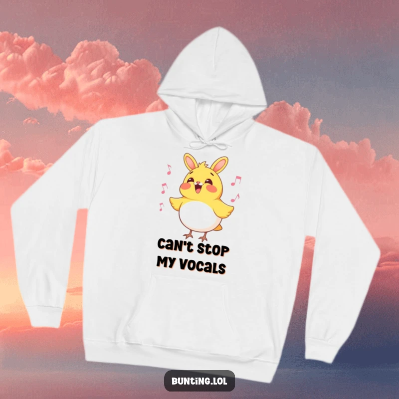 Funny bunting bird hoodie showcasing a happy bunting character belting out a song, exuding pure joy and a humorous musical vibe for comfort.