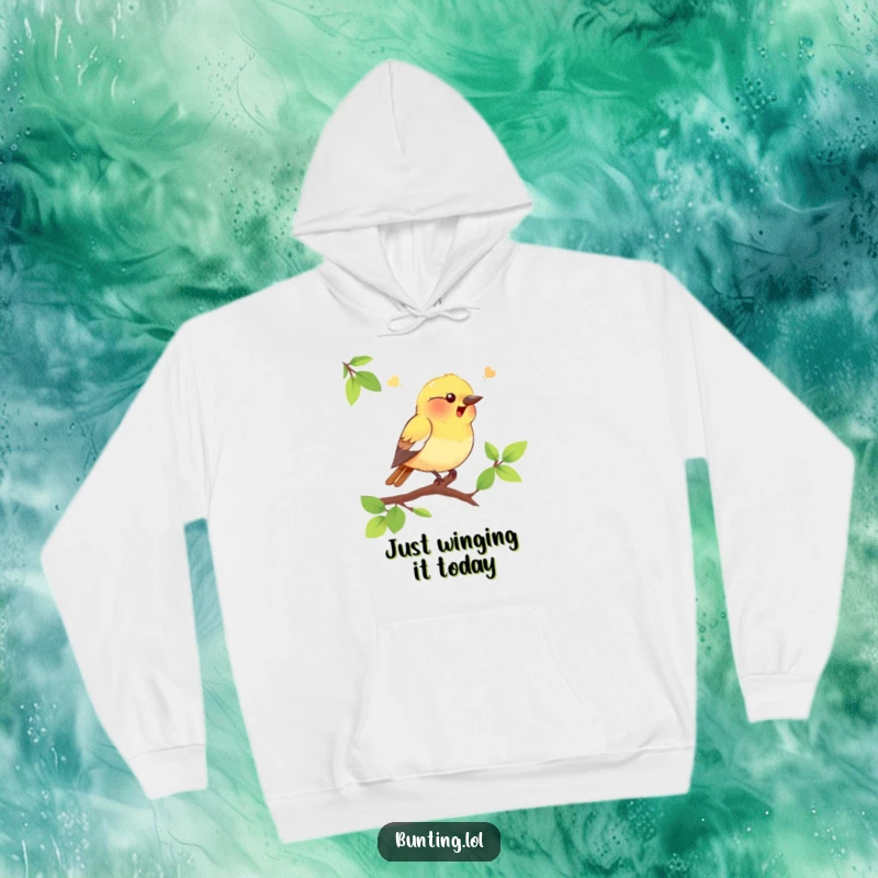Funny bunting bird hoodie, showcasing a happy, chirping bird on a branch, perfect for cozy, humorous wear and gift-giving.