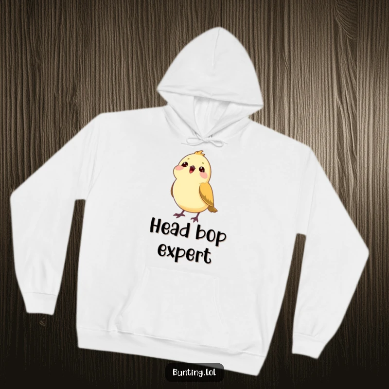 Funny bunting bird hoodie depicting a bunting tilting its head, enjoying a song, offering warmth and a humorous musical vibe.