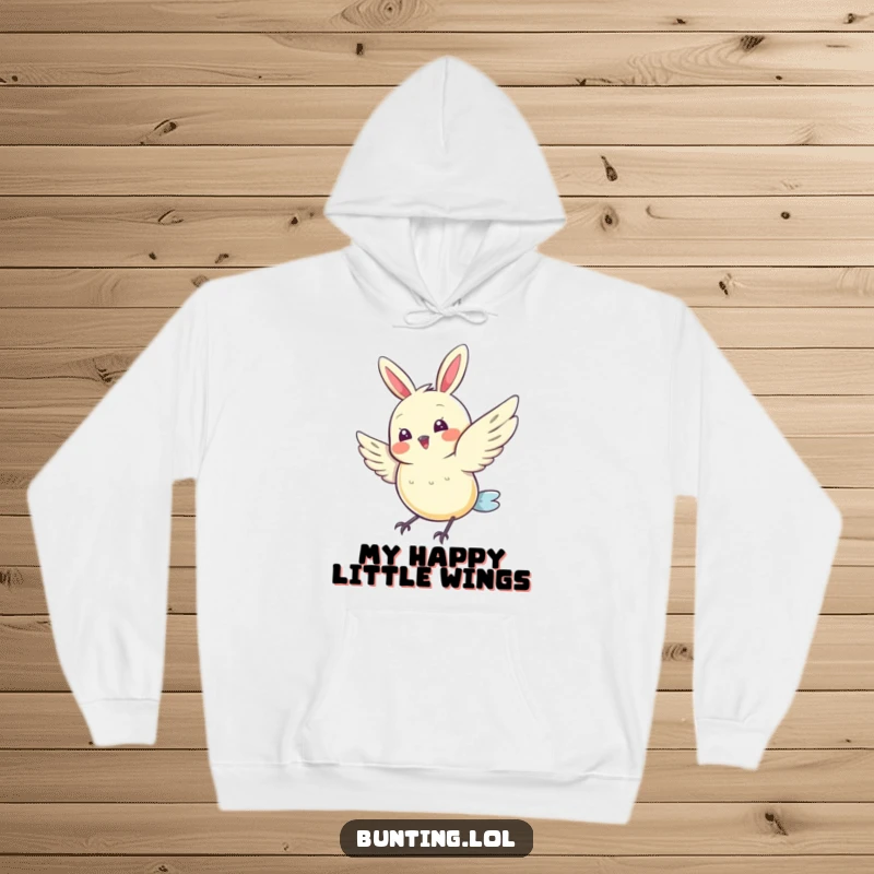 Funny Bunting Hoodie featuring a cute bird doing a joyful wing flutter, ideal for a cozy and humorous funny gift for bird lovers.
