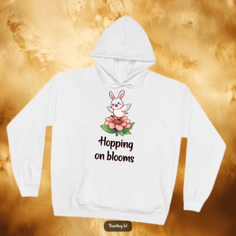 Funny Hoodie depicting a cute bunting character energetically hopping on a colorful flower, full of life and motion.
