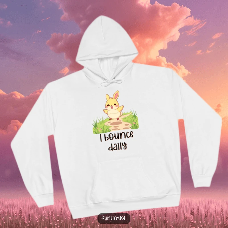 Funny bunting bird hoodie depicting a bunting joyfully hopping along a grassy path, offering warmth and a sense of adventure.