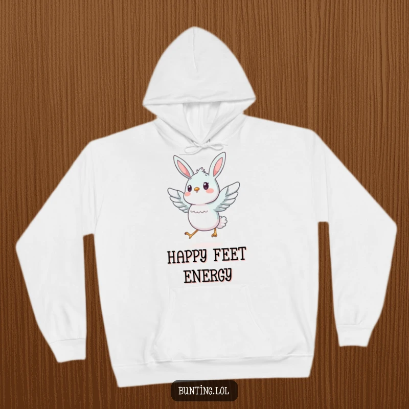 Funny bunting bird energetically hopping with wings spread, captured on a soft and warm hoodie.