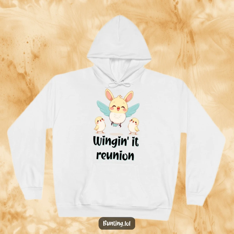 Funny bunting bird joyfully flying towards a gathering of friends, depicted on a soft and warm hoodie.