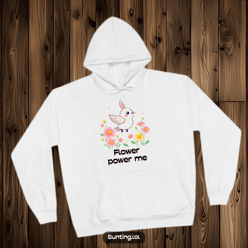 Funny Bunting Hoodie featuring a bird zipping through colorful flowers, providing warmth and floral humor.