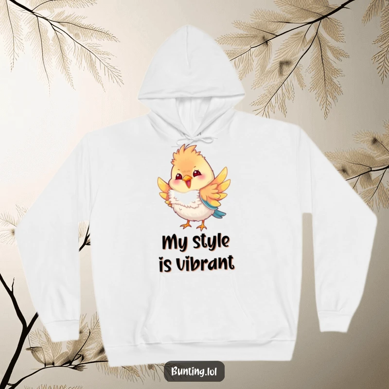 Funny bunting bird hoodie featuring a bunting character playfully fluffing its colorful feathers, offering cozy comfort and a humorous touch of avian elegance.
