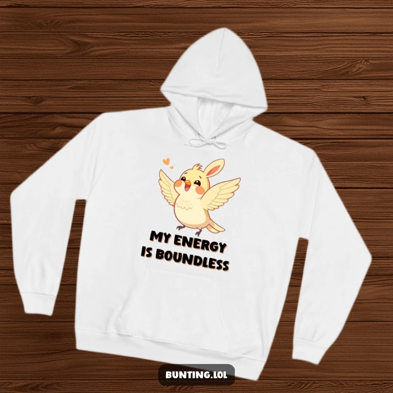 Funny bunting bird hoodie depicting a happy bunting character actively fluttering its wings, radiating pure excitement and humorous energy for cozy wear.
