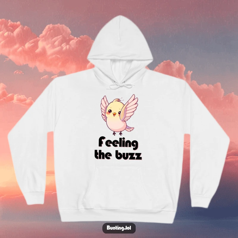 Funny Hoodie: Bunting bird flutters its wings with pure delight, offering cozy and humorous expressions of joy.
