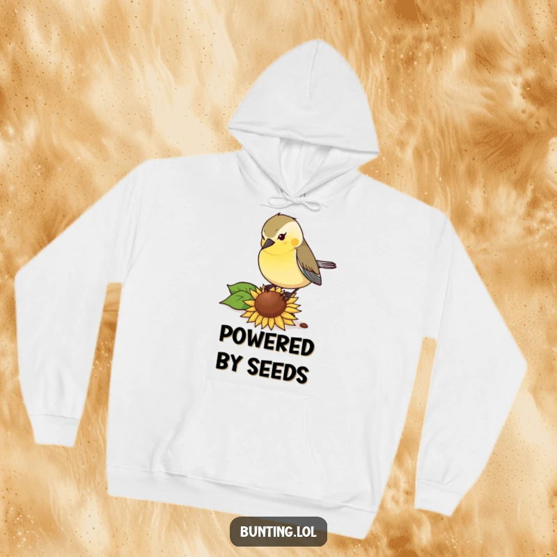 Funny Hoodie: Bunting bird pecking with gusto at a sunflower seed, a cozy and humorous design.