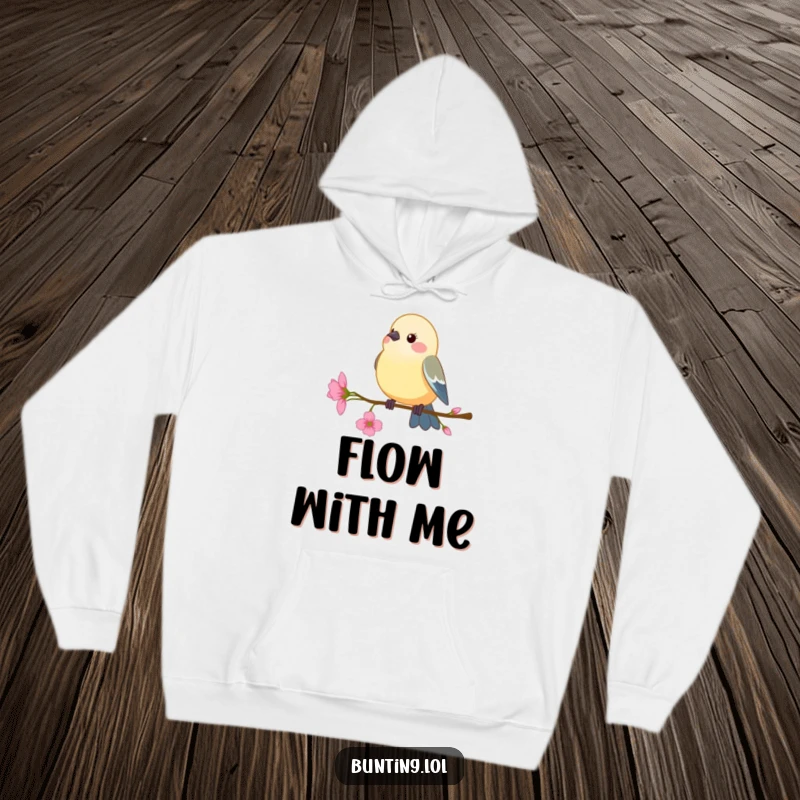 Funny Hoodie: Bunting bird perching on a delicate flower stem, swaying gently, offering cozy and humorous peace.