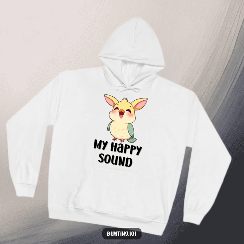 Funny Hoodie showcasing a cute bunting bird happily chirping with its beak open, designed for cozy comfort and bird appreciation.