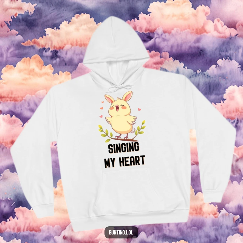 Funny bunting bird hoodie, depicted joyfully singing with its beak wide open, a humorous representation of musical passion.