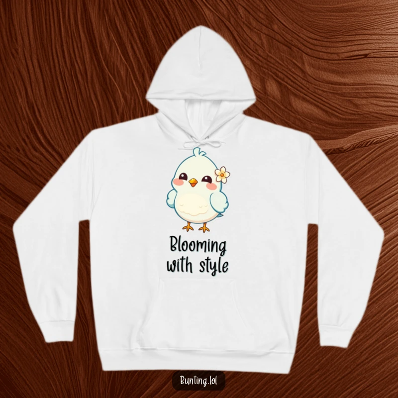 Funny Hoodie featuring a cheerful bird character with a tiny flower behind its ear, offering comfort and a touch of sweet, humorous charm.