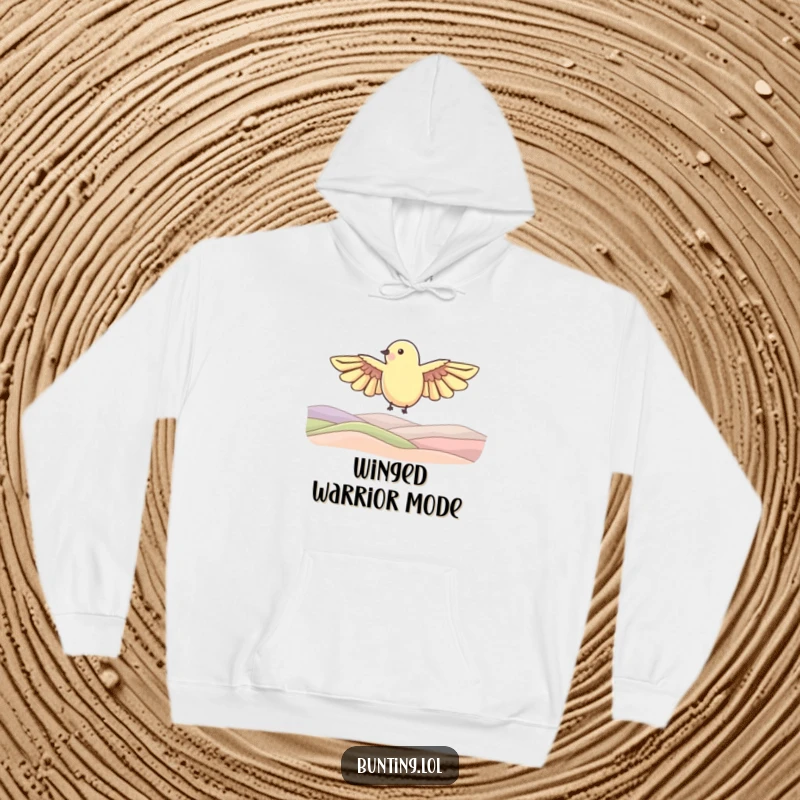 Funny Hoodie featuring a bunting bird shape with outstretched wings soaring over rolling hills, offering warmth and a sense of boundless freedom.