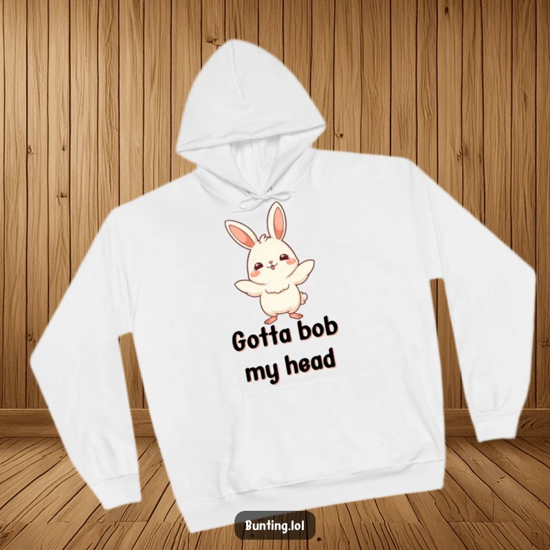 Funny Hoodie showcasing a cute bunting bird in a playful bobbing motion, designed for comfort and whimsical fun.
